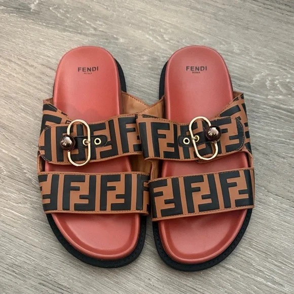 Tan and Black Logo Buckle Slides womens sandal shoe pool dress flats black brown - Picture 2 of 5